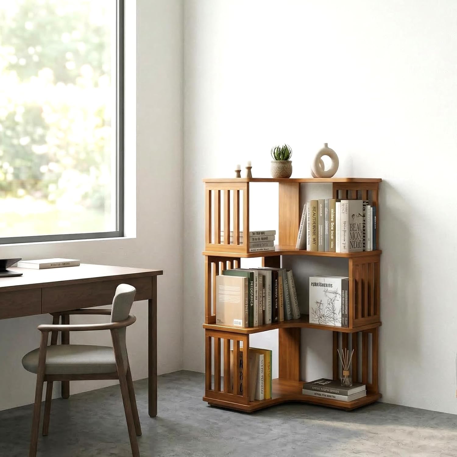 CHYANMOO 3-tier solid wood corner bookshelf with an L-shaped design